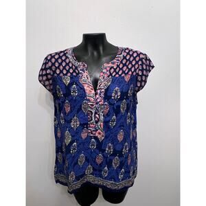 Lucky Brand cap sleeves rayon blue mixed print v-neck 1/2 button Boho gypsy sz M